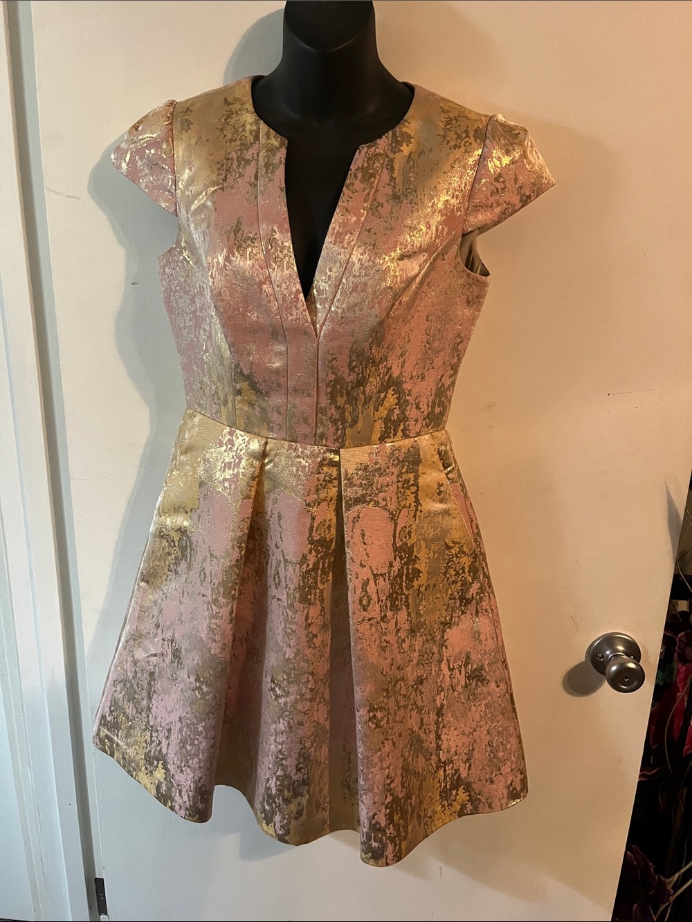 Vince Camuto Pink and Gold Metallic Fit-and-Flare Dress
